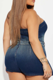 The cowboy blue Sexy Solid Color Zipper Strapless Sleeveless Regular Denim Jumpsuits