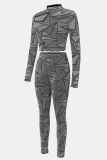 Silver Casual Geometric Print Patchwork O Neck Long Sleeve Two Pieces