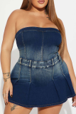 The cowboy blue Sexy Solid Color Zipper Strapless Sleeveless Regular Denim Jumpsuits