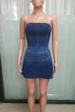The cowboy blue Sexy Solid Color Zipper Strapless Sleeveless Regular Denim Jumpsuits