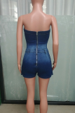 The cowboy blue Sexy Solid Color Zipper Strapless Sleeveless Regular Denim Jumpsuits