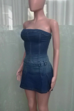 The cowboy blue Sexy Solid Color Zipper Strapless Sleeveless Regular Denim Jumpsuits