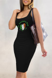 Orange Black Sexy Colorblock Letter Print U Neck Wrapped Skirt Dresses