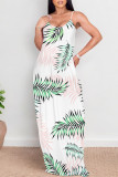 Turquoise Sexy Flowers Heart Shaped Leaf Print Pocket Contrast O Neck Printed Dresses