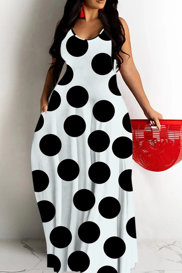 Black And White Casual Polka Dot Print Pocket Contrast O Neck Printed Dresses