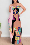 Sky Blue Sexy Cartoon Print Pocket Contrast O Neck Printed Dresses