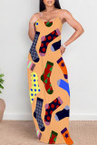Shallow Yellow Sexy Graffiti Print Pocket Contrast O Neck Printed Dresses