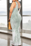 Light Green Casual Floral Print Contrast O Neck Printed Dresses