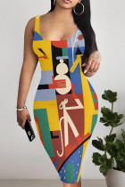 Multicolor Sexy Graffiti Print Contrast U Neck Printed Dresses