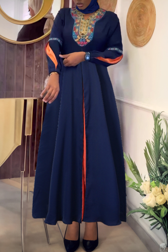 Deep Blue Casual Print Contrast V Neck Long Plus Size Dresses