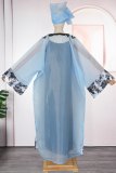Light Blue Elegant Embroidered Asymmetrical Collar Long Sleeve Two Pieces