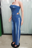 Blue Sexy Stripe Hollow Out Buckle Strapless Sleeveless Regular Denim Jumpsuits