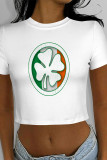 White Yellow Casual Four Leaf Clover Contrast O Neck T-Shirts