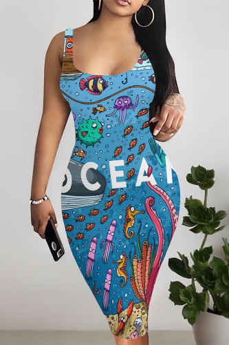 Blue Sexy Graffiti Print Contrast U Neck Printed Dresses