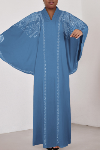 Baby Blue Casual Solid Color Hot Drill V Neck Long Dresses