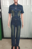 Deep Blue Casual Distressed Pocket Buckle Turndown Collar Short Sleeve Regular Denim Jumpsuits
