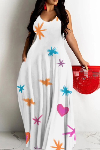 White Blue Sexy Flowers Heart Shaped Leaf Print Pocket Contrast O Neck Printed Dresses