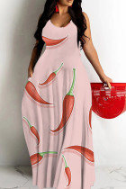 Light Pink Sexy Graffiti Print Pocket Contrast O Neck Printed Dresses