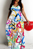 Turquoise Sexy Flowers Heart Shaped Leaf Print Pocket Contrast O Neck Printed Dresses