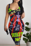 White Sexy Graffiti Print Contrast U Neck Printed Dresses
