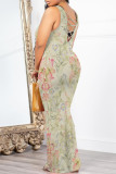 Light Green Casual Floral Print Contrast O Neck Printed Dresses
