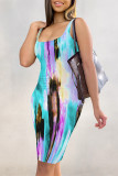 Blue Sexy Striped Print Contrast U Neck Printed Dresses