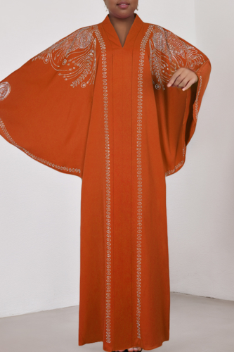 Orange Casual Solid Color Hot Drill V Neck Long Dresses