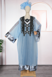 Light Blue Elegant Embroidered Asymmetrical Collar Long Sleeve Two Pieces