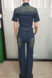 Deep Blue Casual Distressed Pocket Buckle Turndown Collar Short Sleeve Regular Denim Jumpsuits