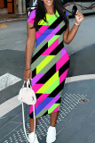 Pink Casual Colorblock Flowers Print Contrast O Neck Printed Dresses