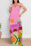 Sky Blue Sexy Cartoon Print Pocket Contrast O Neck Printed Dresses