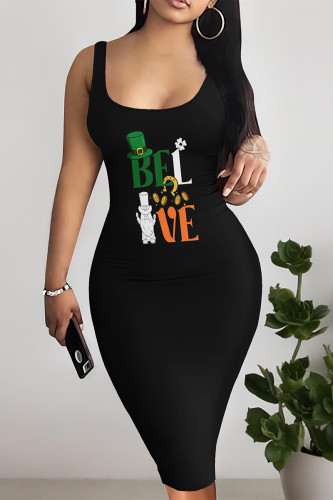 Orange Black Sexy Colorblock Letter Print U Neck Wrapped Skirt Dresses