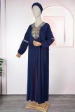 Deep Blue Casual Print Contrast V Neck Long Plus Size Dresses