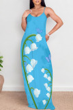 Sky Blue Sexy Cartoon Print Pocket Contrast O Neck Printed Dresses