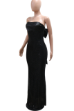 Black Elegant Solid Color Sequins Strapless Long Dresses