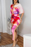 Turquoise Sexy Casual Elegant Print Slit Ruched Deep V Neck Half Sleeve Two Pieces