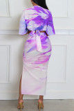 Turquoise Sexy Casual Elegant Print Slit Ruched Deep V Neck Half Sleeve Two Pieces