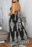 Blue Sexy Casual Print Backless Belted Strapless Regular Jumpsuits