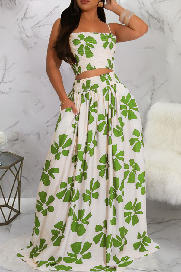 Green Elegant Print Pocket Spaghetti Strap Sleeveless Two Pieces