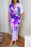 Turquoise Sexy Casual Elegant Print Slit Ruched Deep V Neck Half Sleeve Two Pieces