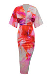 Turquoise Sexy Casual Elegant Print Slit Ruched Deep V Neck Half Sleeve Two Pieces