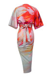 Turquoise Sexy Casual Elegant Print Slit Ruched Deep V Neck Half Sleeve Two Pieces
