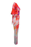 Turquoise Sexy Casual Elegant Print Slit Ruched Deep V Neck Half Sleeve Two Pieces