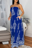 Blue Sexy Casual Print Backless Belted Strapless Regular Jumpsuits