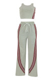 Grey Casual Sportswear Daily Stripe Patchwork O Neck Sleeveless Two Pieces