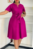Rose Red Elegant Solid Color Strap Design V Neck Long Dresses