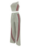 Grey Casual Sportswear Daily Stripe Patchwork O Neck Sleeveless Two Pieces