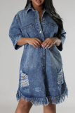 Blue Casual Daily Solid Color Fringed Trim Ripped Buckle Turndown Collar Denim Plus Size Dresses