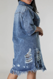 Blue Casual Daily Solid Color Fringed Trim Ripped Buckle Turndown Collar Denim Plus Size Dresses