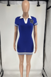 White Casual Letters Patchwork Turndown Collar Wrapped Skirt Dresses